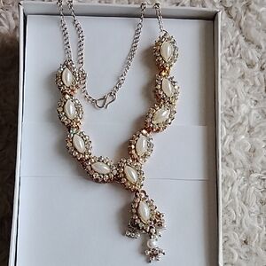 Iridescent Faux Pearl Crystal Gold and Silver Necklace